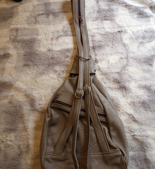 Grey Leather Mini Back Pack/Shoulder Bag. Size 9"w x 14"h x 11.5"d - Picture 3 of 11